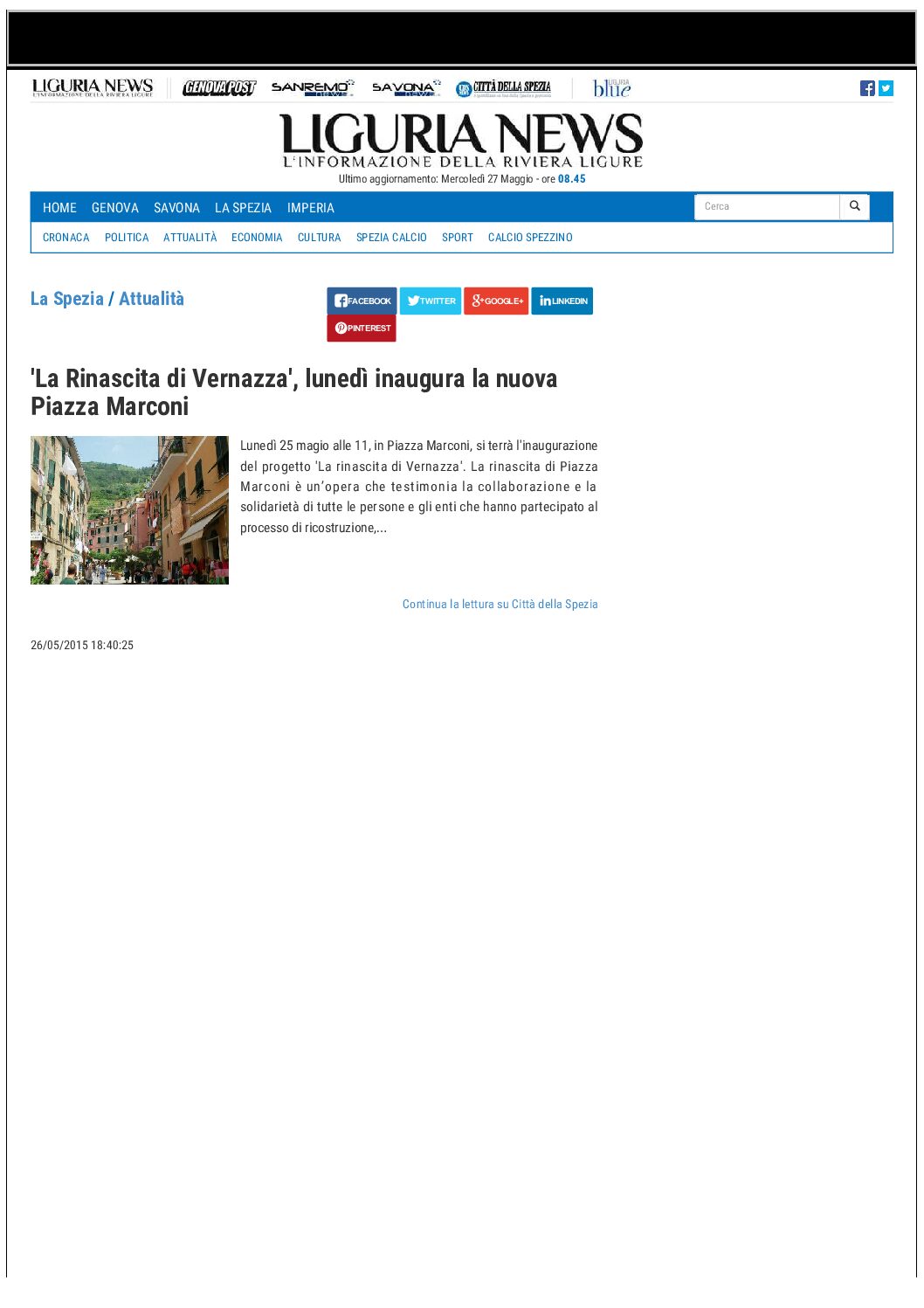 ‘La Rinascita di Vernazza’, lunedì inaugura la nuova Piazza Marconi