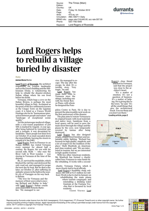 Lord Rogers helps to rebuild Vernazza, a village buried by disaster